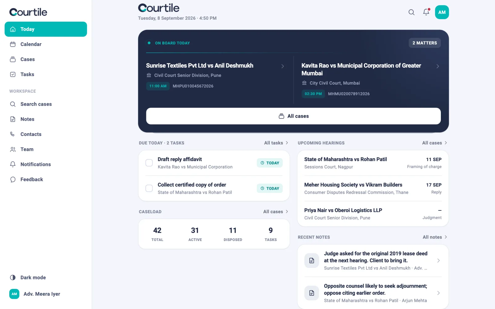 The Courtile dashboard: today's board, tasks due, upcoming hearings and recent notes