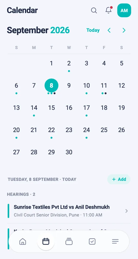 The Courtile calendar on a phone, with hearing days marked