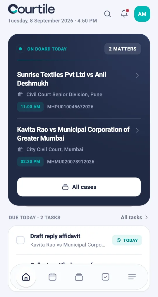 Today's board on a phone: the matters listed today and the tasks due